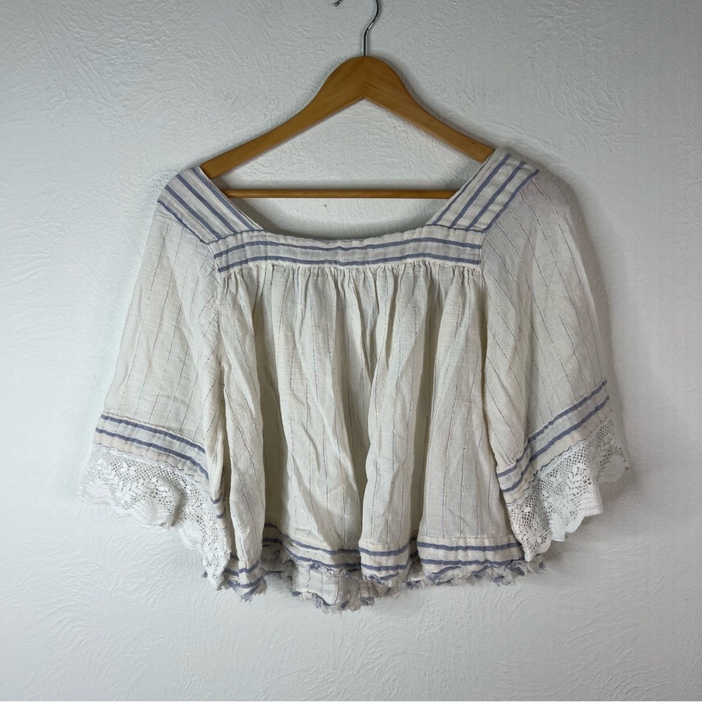Free People See Saw Boho Peasant Top Lace Trim Cream Metallic Size S Small - Picture 7 of 10